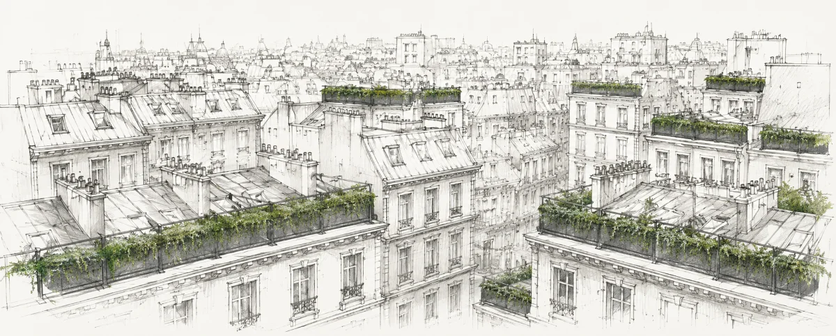 Croquis d'îlot parisien vu du ciel, toitures végétalisées