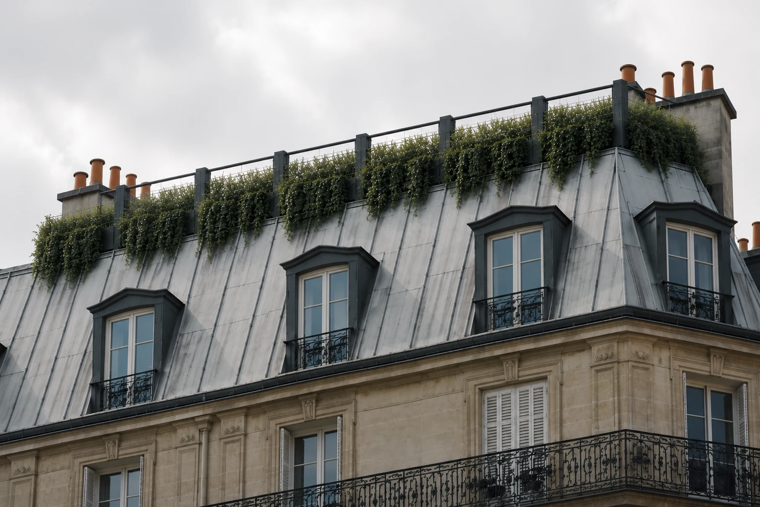 Toiture parisienne végétalisée, vue de rue